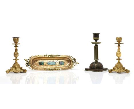 A boullework candlestick, 19th century, converted to a lamp21.5cm hightogether with malachite and brass pen tray, entwined wi