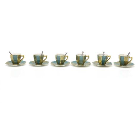 A cased set of six Royal Doulton demitasse cups and saucers,  turquoise with gilt floral decoration in the reserves, with sta