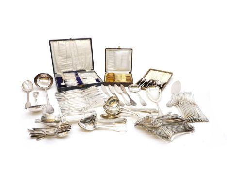 A Christofle silver plated flatware service, fiddle thread and shell pattern, to include, twelve forks, twelve dessert forks,