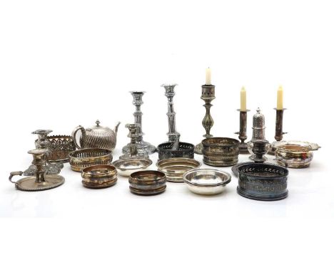 A collection of silver-plated wares, 19th/20th century, comprising three pairs of candlesticks, the largest 23cm high, a coll