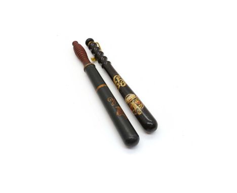 Two painted wood truncheons, with 'GR' and 'VR' cyphers, both crowned, the Victorian truncheon inscribed 'Salop', with an arm