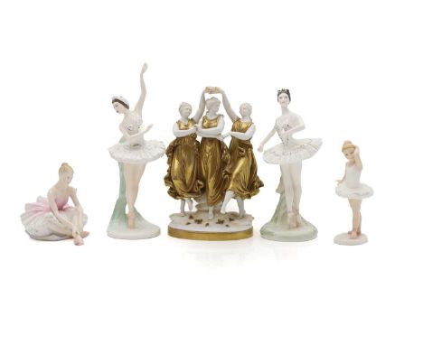 A Naples porcelain figure group 19th century, of the 'Three Graces', with gilt skirts, 25.5cm hightogether two Coalport porce