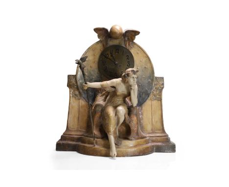 A large Austrian Goldscheider stoneware clock, 'Theodora', designed c.1903, modelled as an enthroned pondering woman clutchin