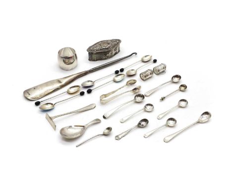 A collection of silver items,  to include, a set of six enamelled coffee spoons, by Barker, Ellis &amp; co, Birmingham 1932, 
