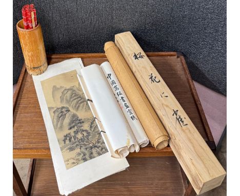 Assorted Chinese scroll prints and a parasol