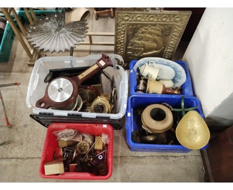 A large quantity of assorted metalware, etc; including brass scales, oil lamp and crutches