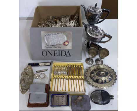 Silver plate to include cutlery, flatware, teaware, a hip flask, condiments and other items Location: 10.5 