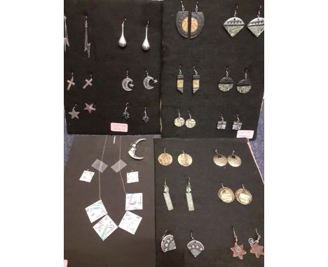 Eighteen pairs of 1980's silver tone, silver and ceramic earrings reputedly from Camden Market, London together with an ename