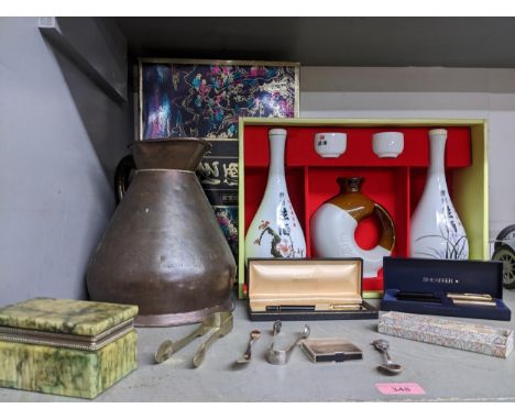 A mixed lot to include a Victorian copper gallon jug, boxed Japanese ceramic snake set two Parker 51 fountain pens in a Shaff