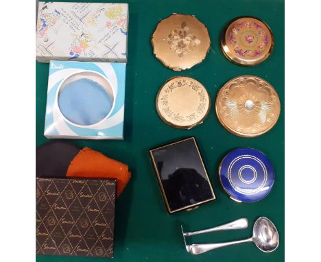 Seven vintage compacts to include Stratton together with a nursery feeding spoon and a pusher in original box and 4 embroider