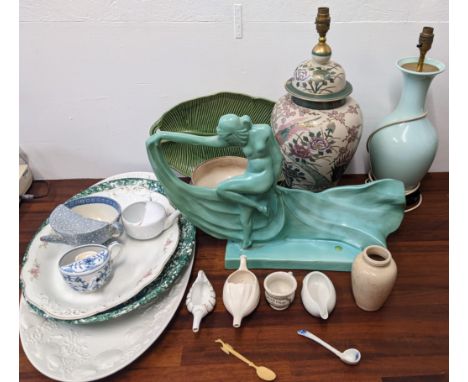 A mixed lot of ceramics to include a Satsuma style lamp without plug, feeding bowls, serving platters, and an Art Deco style 