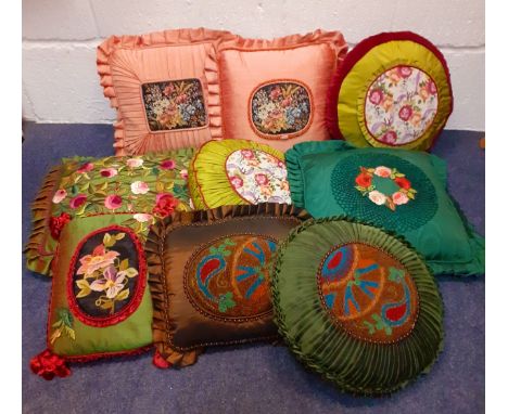 Nine vintage bespoke cushions to include embroidered, silk and beaded examples. Location: 