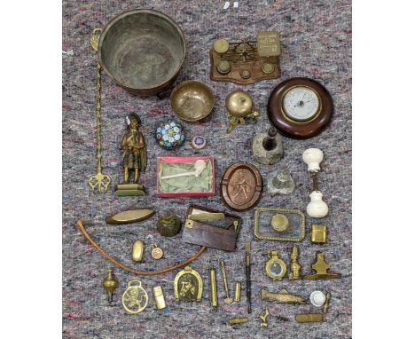 A mixed lot of metalware and other wares to include a small wheel barometer, a set of postage scales, paperweights, models of