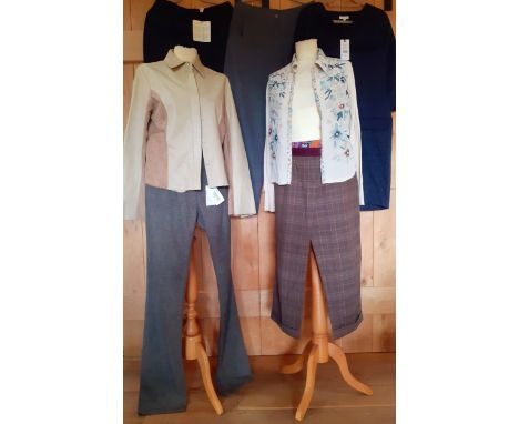 A group of designer clothing to include a Mulberry cream and taupe leather ladies box jacket having flared cuffs, UK size 14,