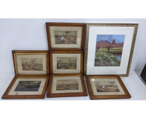 A set of coloured hunting scene engravings in maple frames, together with a Bill Makinson print with certificate of authentic