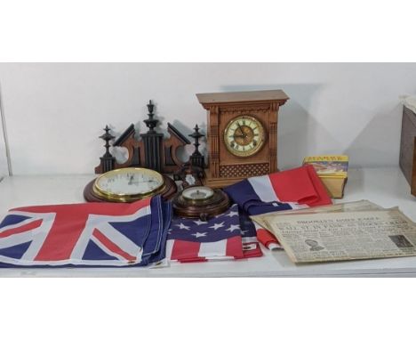 A mixed lot to include an American Ansonia mantel clock A/F, modern flags to include America, United Kingdom , together with 