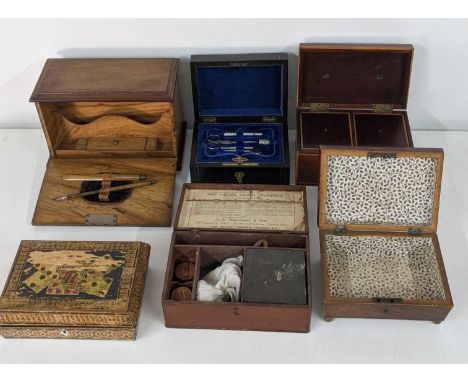 Mixed 19th century boxes to include a Regency mahogany box on later brass feet, together with a tea caddy, a Victorian sewing