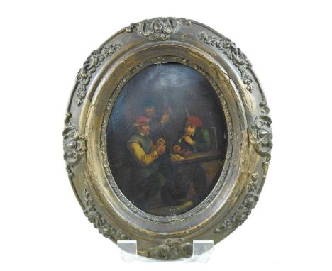 Dutch School, 19th century, figures smoking in a tavern, oil on white metal, 20 x 16cm, ovalCondition report: Has quite a few