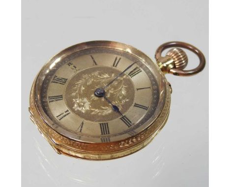 An 18 carat gold ladies open faced pocket watch, 28.5g gross30mm diameterCondition report: Ticks winds and adjusts ok, but we