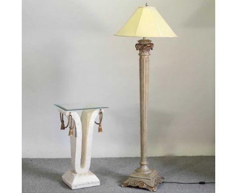 An American Bernhardt corinthian column standard lamp, 180 cm high, together with a simulated marble console table (2)