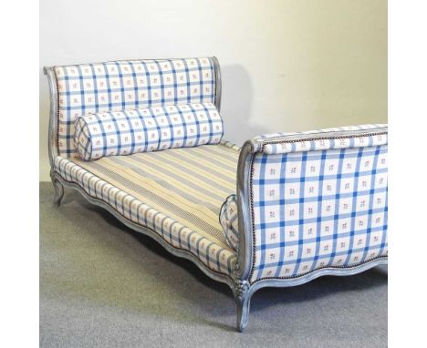 A French upholstered bedstead, with a sprung base198 x 101 x 75h cmCondition report: Overall is solid and usable. The ends wi