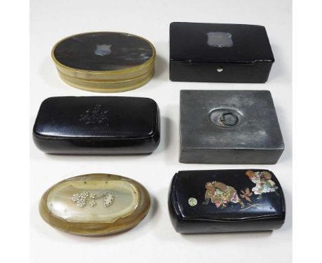 A 19th century papier mache snuff box, with a silver plaque engraved for the Godiva Cup, 9cm wide, together with two 19th cen