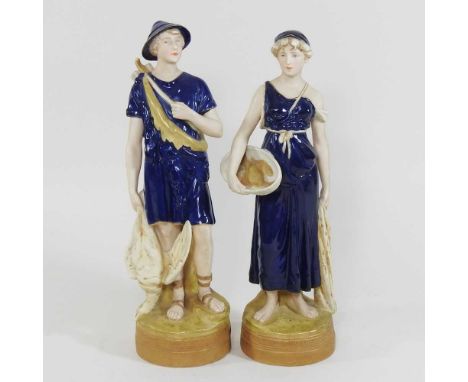 A pair of Royal Dux porcelain figures, of a young lady and her companion, pink pad mark to base 2065 and 2066 to base (2)35cm