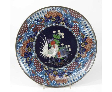 An early 20th century Chinese cloisonne dish, decorated with a cockerel, 30cmCondition report: The surface has light wear and