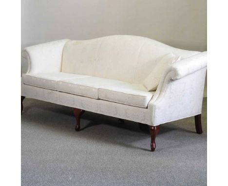 A George III style white upholstered hump back sofa, on cabriole legs213w x 83d x 93h cm