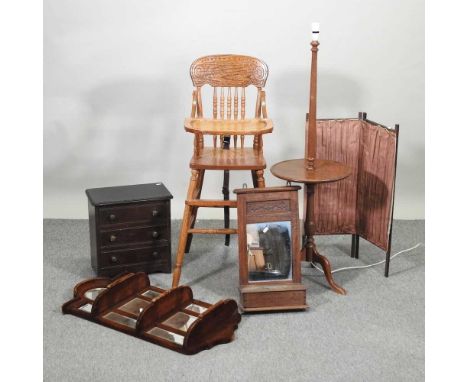 A child's high chair, small folding screen, standard lamp, small chest and two mirrors
