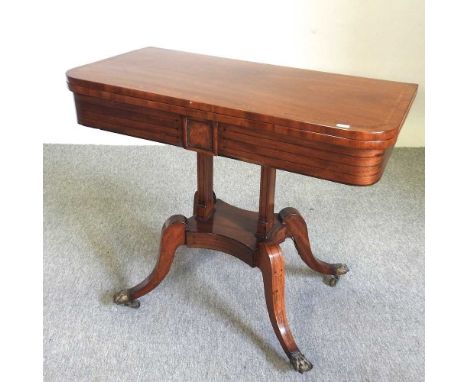 A Regency mahogany card table, on a quadruped platform base85w x 42d x 73h cmCondition report: Damage to leg