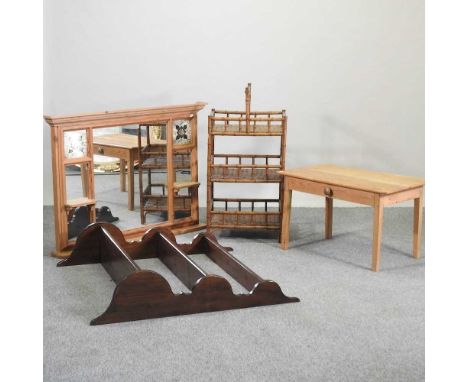 A pine over mantel mirror inset with tiles, 75 x 106cm, together with a pine occasional table, a simulated bamboo wall shelf 