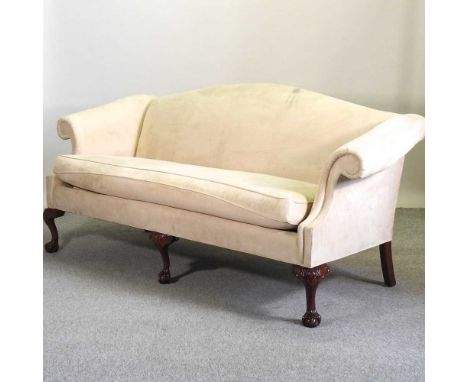 A George III style beige upholstered hump back sofa, on carved cabriole legs209w x 75d x 94h cm