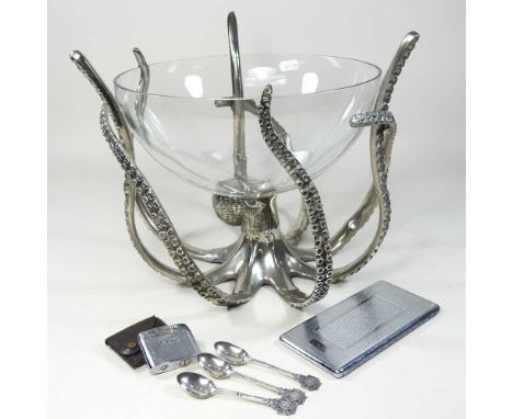 A plated metal and glass table centrepiece, in the form of an octopus, 28cm diameter, together with three silver spoons and a