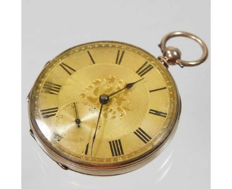 A 14 carat gold open faced pocket watch, 5g gross, 4.5cm diameter, with keyCondition report: Ticks, winds and adjusts, but we