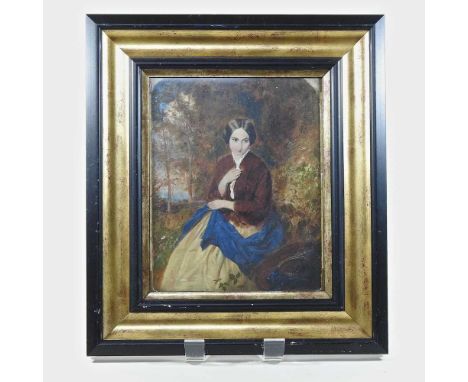 English School, 19th century, portrait of a seated lady, oil on board, 27 x 21cm