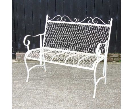 A white painted metal garden bench117w x 54d x 100h cm