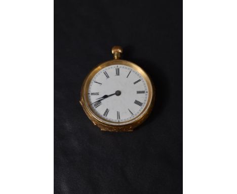 A small yellow metal top wound pocket watch stamped 18K having Roman numeral dial in extensively engraved case, (AF) Conditio