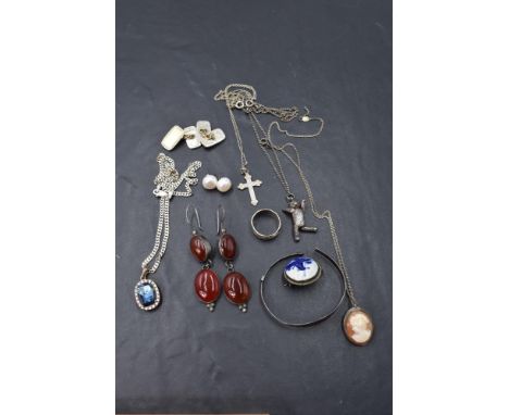 A selection of white metal and HM silver jewllery including pendants, cufflinks, earrings, cameo brooch, Delft ceramic brooch