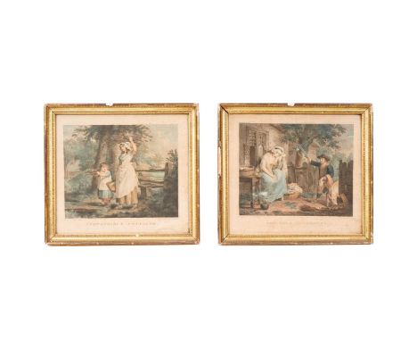 After George Morland (1763-1804)"The Idle Laundress", and "Industrious Cottager",engraved by William Blake (1757-1827),stippl