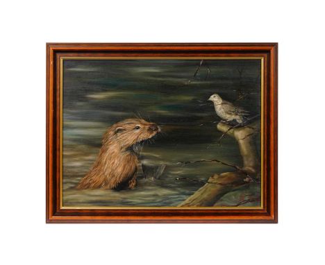 K* Renick(20th Century)The River Meeting; an Otter and Thrush,signed,oil on board,43.5 x 58.5cms, in frame.