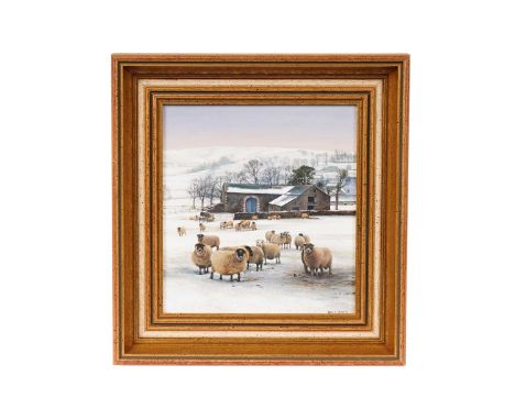 Alan R. Thompson(b.1953)"Near Martindale", black-faced sheep at dusk,signed, titled verso,oil on board,18.5 x 17cms, in frame