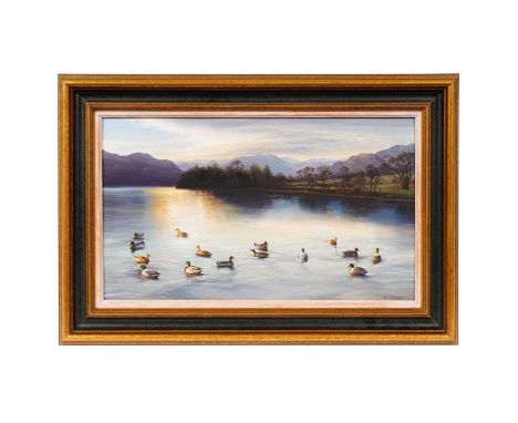 Alan R. Thompson (b.1953) "Mallards on Ullswater Near Aira Force", signed, titled verso, acrylic on board, 22.5 x 39cms, in f