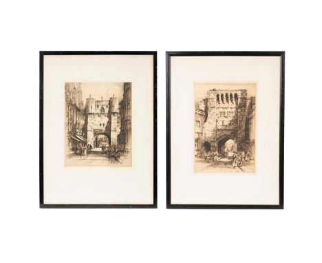 Albany E. Howarth ARE (1872-1936) Micklegate York, and Winchester West Gate,each signed to the margin,etchings,37.5 x 30cms (