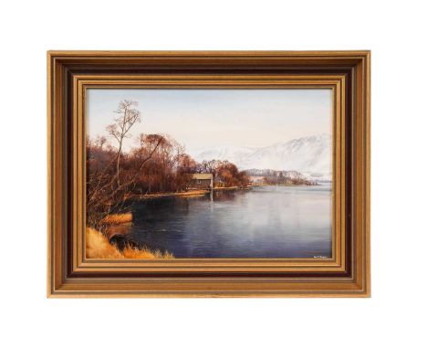Alan R. Thompson(b.1953)Boathouse, Lake District,signed, oil on board,18.5 x 17cms, in frame.
