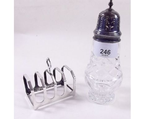 A silver toast rack - Sheffield 1936 and a cut glass and silver topped caster 