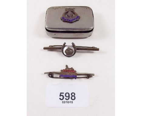 A HMS Renown box and two tie pins 