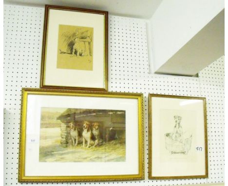 A print of dogs after Maud Earl, 21 x 34cm,  a print of a dog in his bed and print after Cecil Aldin of a dog - 20 x 15cm
