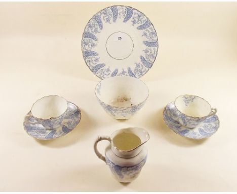 An Edwardian blue printed teaset comprising: twelve cups and saucers (3 a/f), twelve tea plates, two cake plates, jug and sug