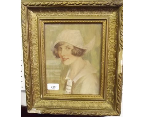 A 1920's watercolour portrait of a young girl in a hat - 22 x 17cm